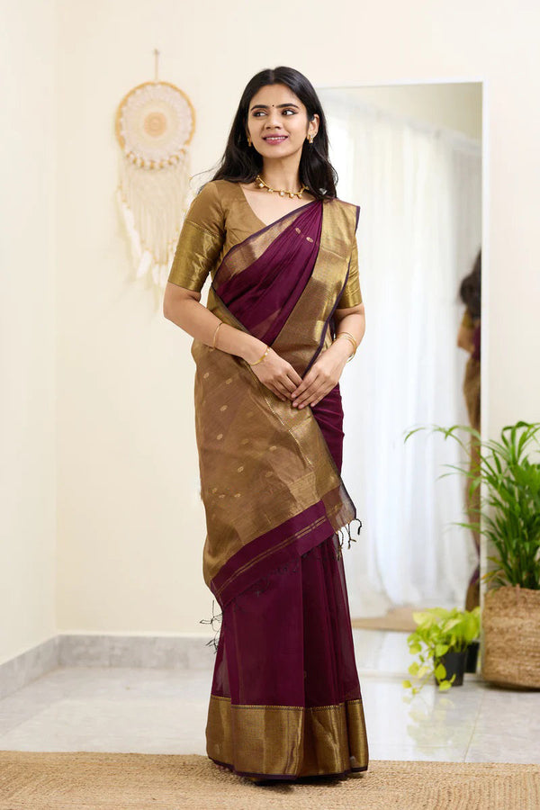 Sempiternal Wine Cotton Silk Saree With Staggering Blouse Piece - Shop authentic Indian Women's Fashion by Silk Folks