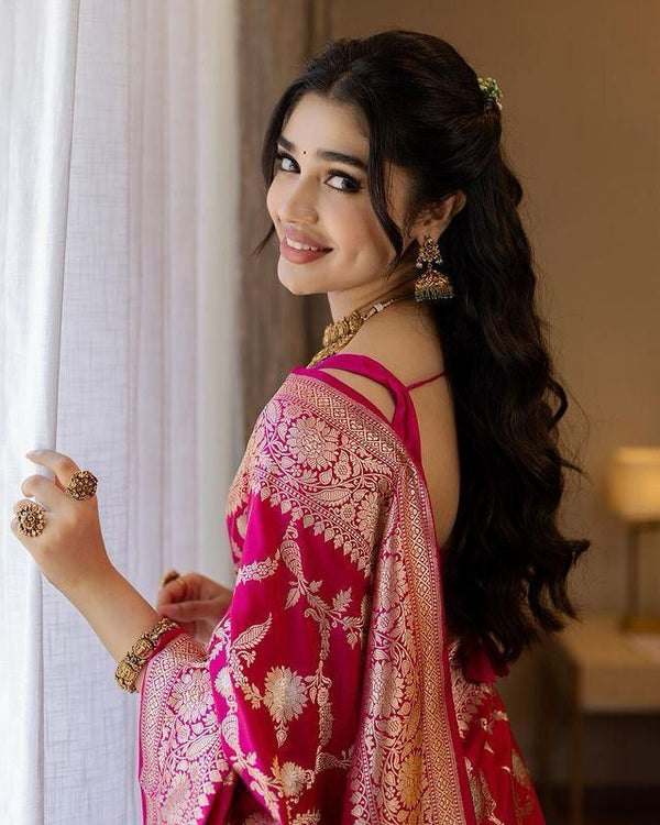 Alluring Dark Pink Soft Silk Saree With Gratifying Blouse Piece - Shop authentic Indian Women's Fashion by Silk Folks