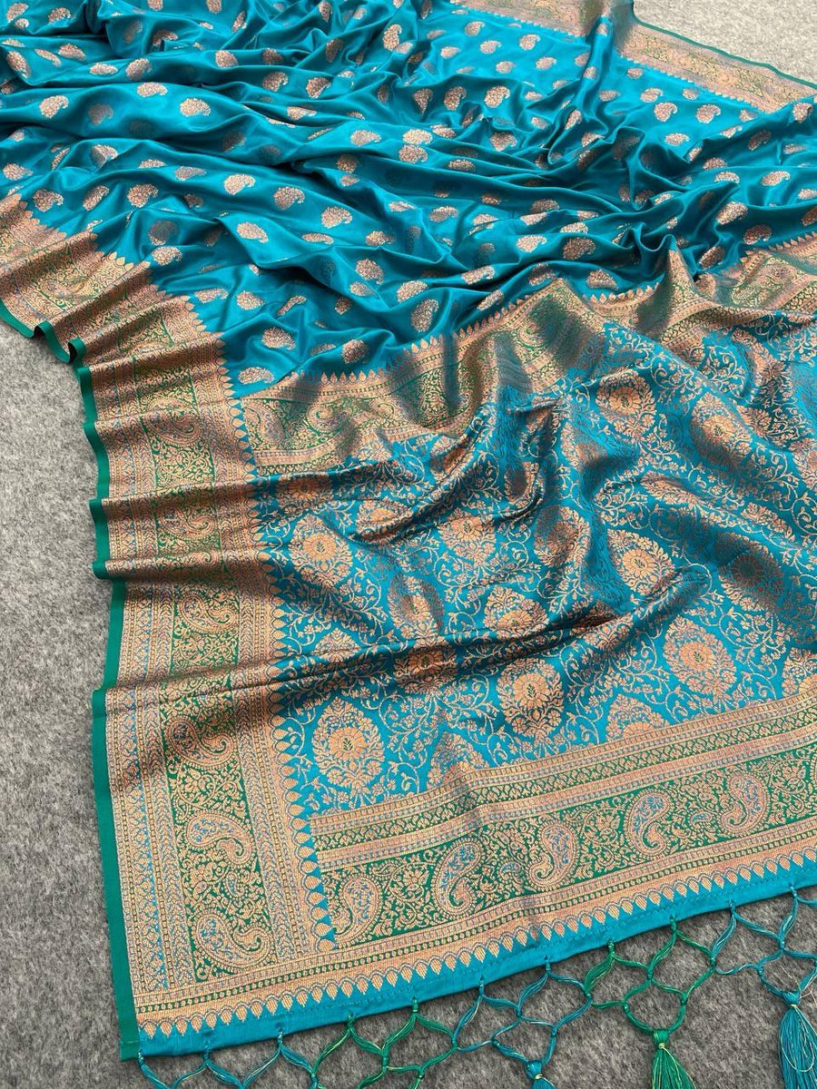 Beauteous extravagant Firozi Soft Banarasi Silk Saree With Embrocation - Shop authentic Indian Women's Fashion by Silk Folks