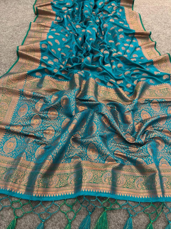 Beauteous extravagant Firozi Soft Banarasi Silk Saree With Embrocation - Shop authentic Indian Women's Fashion by Silk Folks