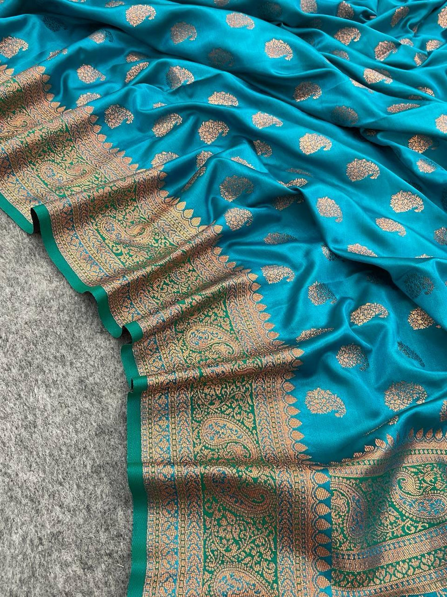Beauteous extravagant Firozi Soft Banarasi Silk Saree With Embrocation - Shop authentic Indian Women's Fashion by Silk Folks