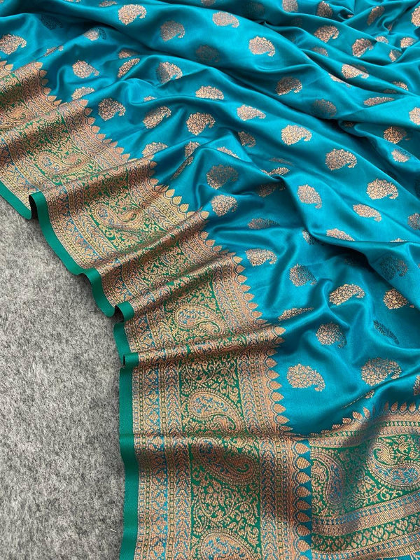 Beauteous extravagant Firozi Soft Banarasi Silk Saree With Embrocation - Shop authentic Indian Women's Fashion by Silk Folks