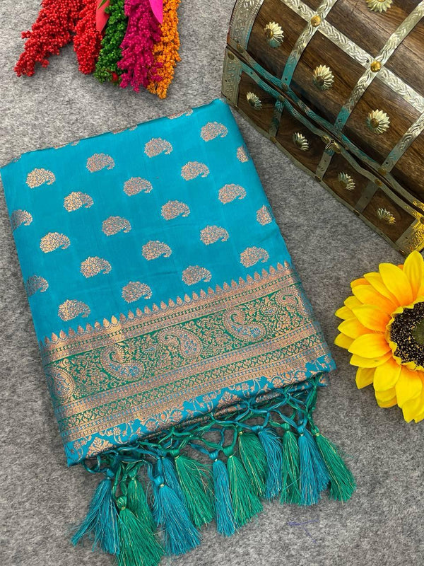 Beauteous extravagant Firozi Soft Banarasi Silk Saree With Embrocation - Shop authentic Indian Women's Fashion by Silk Folks