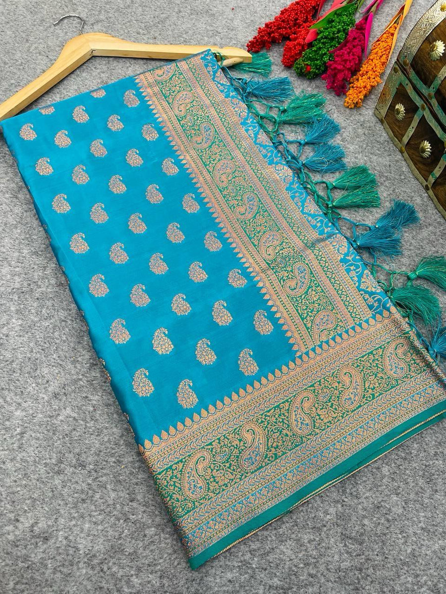 Beauteous extravagant Firozi Soft Banarasi Silk Saree With Embrocation - Shop authentic Indian Women's Fashion by Silk Folks