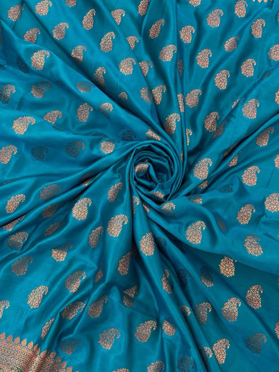 Beauteous extravagant Firozi Soft Banarasi Silk Saree With Embrocation - Shop authentic Indian Women's Fashion by Silk Folks