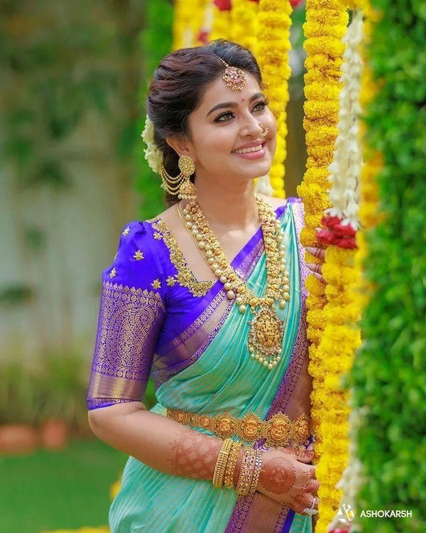 Elegant Firozi Soft Silk Saree With Snappy Blouse Piece - Shop authentic Indian Women's Fashion by Silk Folks