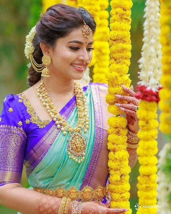 Elegant Firozi Soft Silk Saree With Snappy Blouse Piece - Shop authentic Indian Women's Fashion by Silk Folks