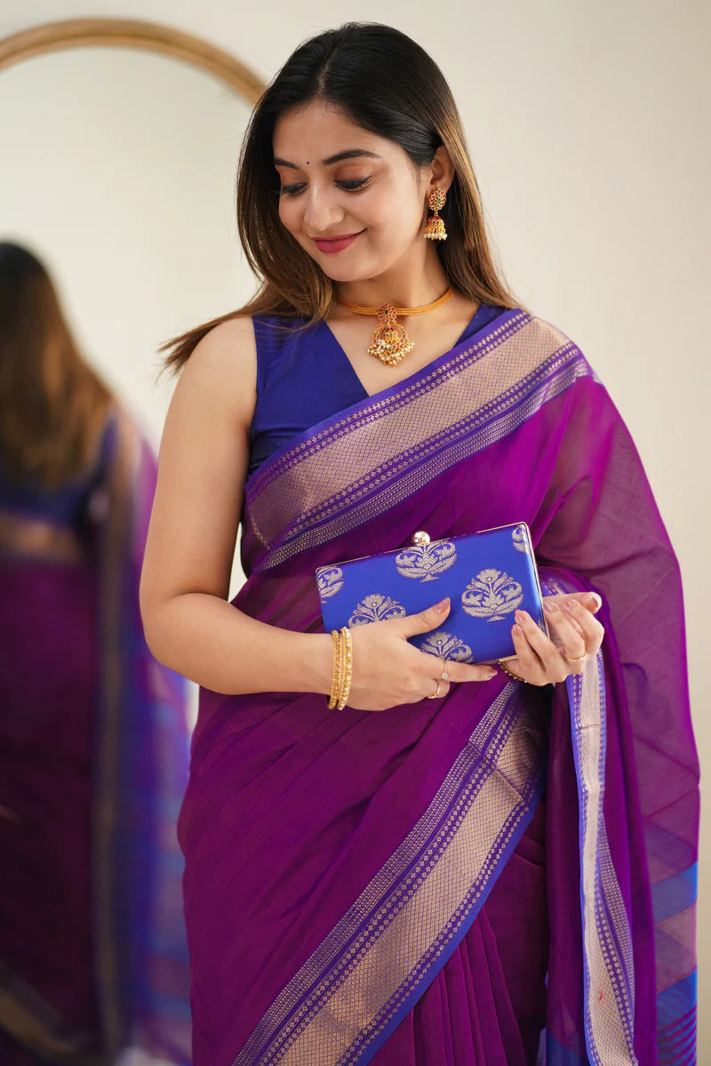 Forbearance Purple Cotton Silk Saree With Comely Blouse Piece - Shop authentic Indian Women's Fashion by Silk Folks