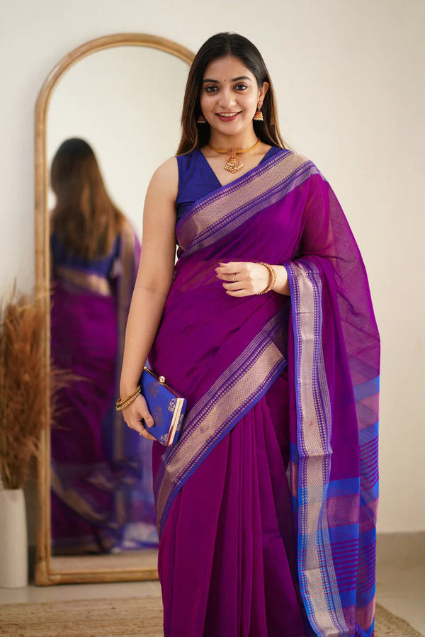 Forbearance Purple Cotton Silk Saree With Comely Blouse Piece - Shop authentic Indian Women's Fashion by Silk Folks