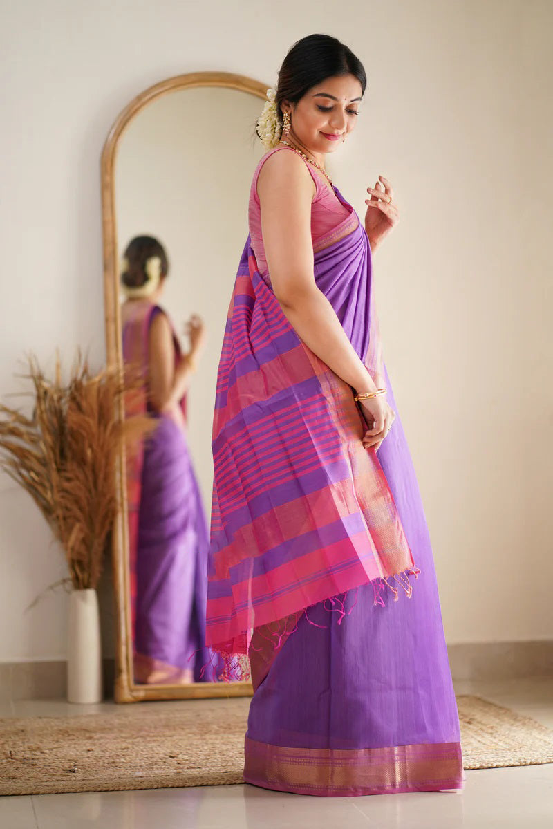 Ephemeral Lavender Cotton Silk Saree With Incomparable Blouse Piece - Shop authentic Indian Women's Fashion by Silk Folks