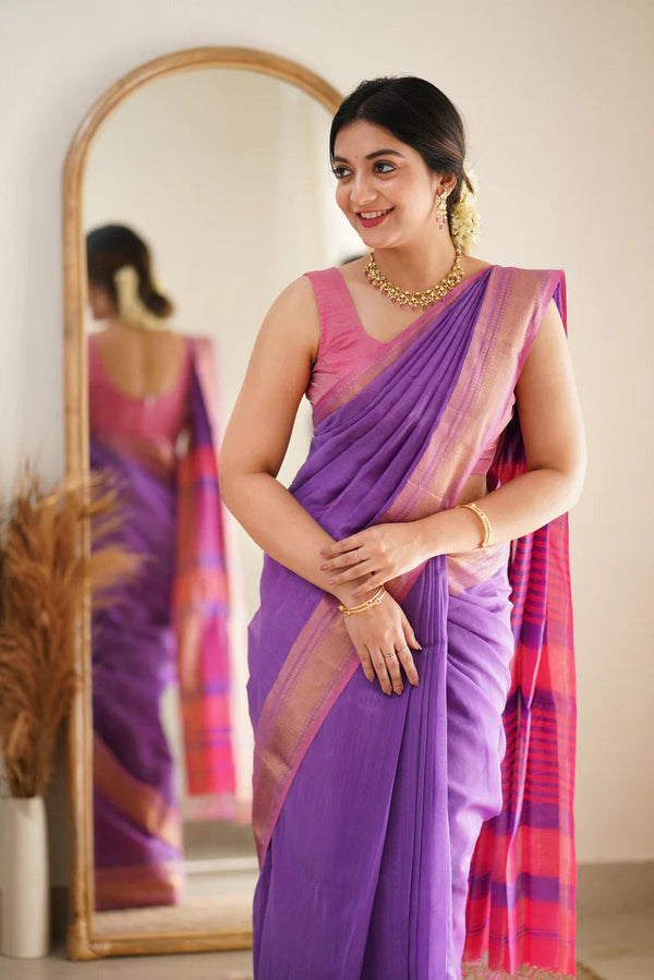 Ephemeral Lavender Cotton Silk Saree With Incomparable Blouse Piece - Shop authentic Indian Women's Fashion by Silk Folks