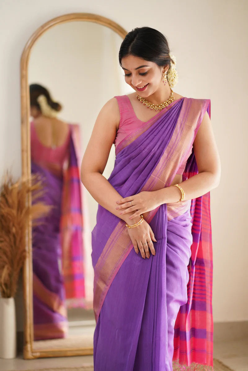 Ephemeral Lavender Cotton Silk Saree With Incomparable Blouse Piece - Shop authentic Indian Women's Fashion by Silk Folks