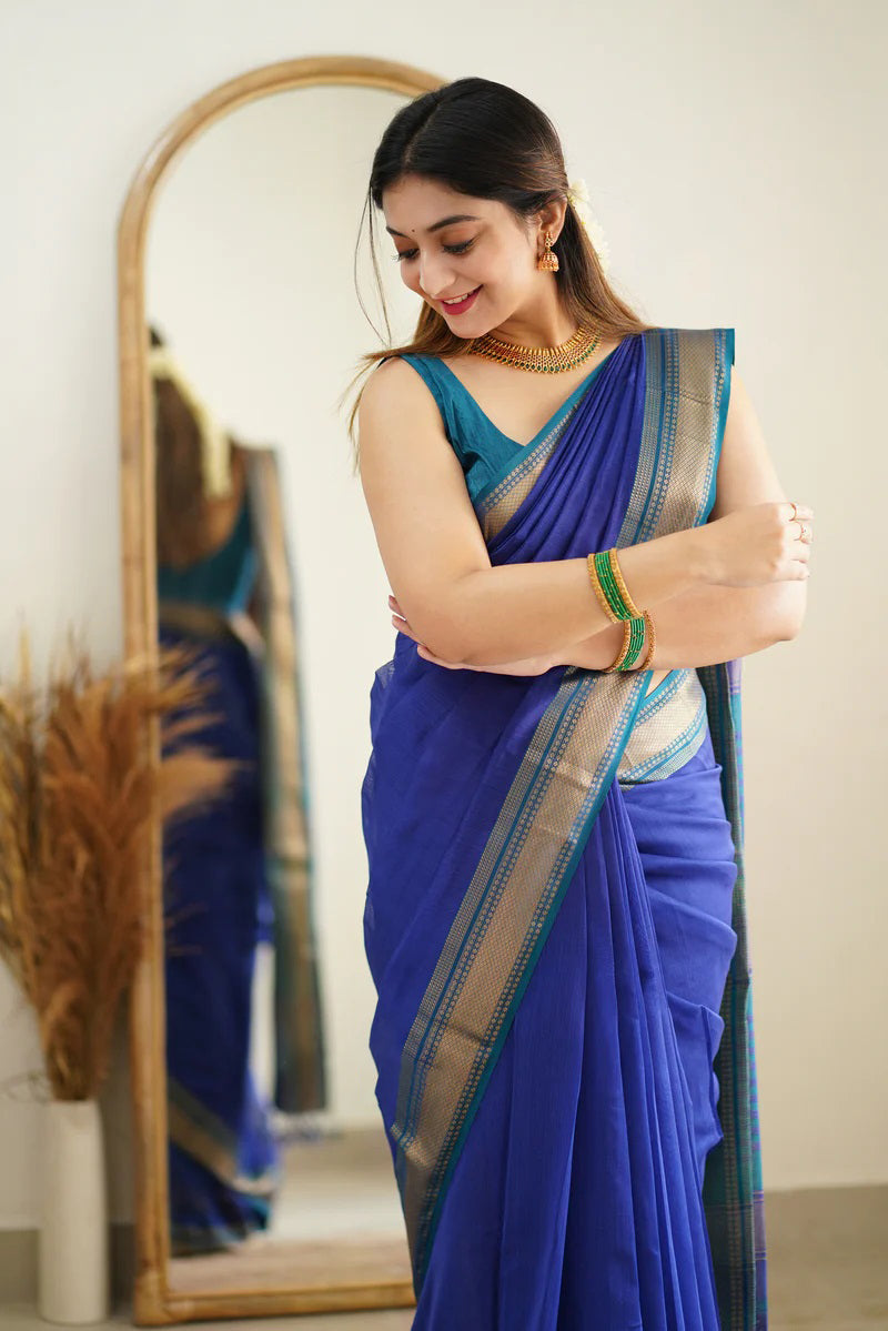 Embrocation Blue Cotton Silk Saree With Ratatouille Blouse Piece - Shop authentic Indian Women's Fashion by Silk Folks