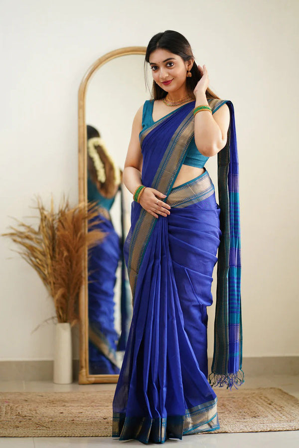 Embrocation Blue Cotton Silk Saree With Ratatouille Blouse Piece - Shop authentic Indian Women's Fashion by Silk Folks