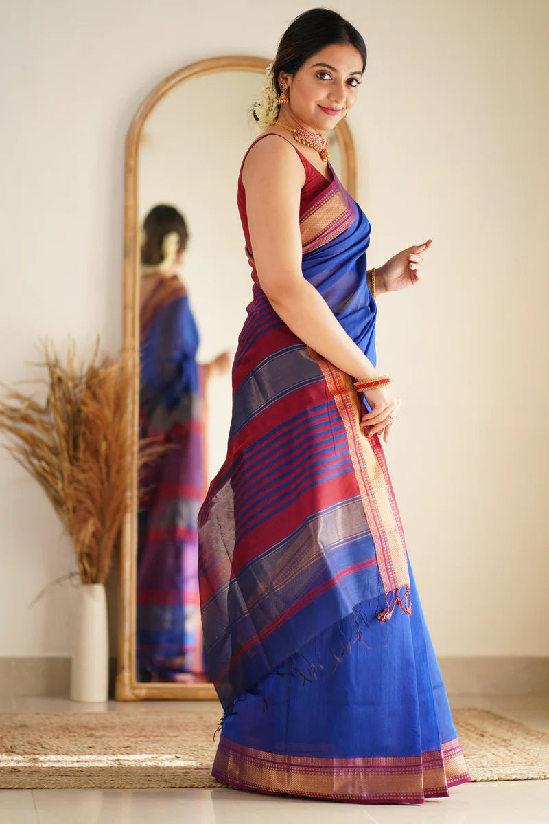 Mesmeric Royal Blue Cotton Silk Saree With Appealing Blouse Piece - Shop authentic Indian Women's Fashion by Silk Folks