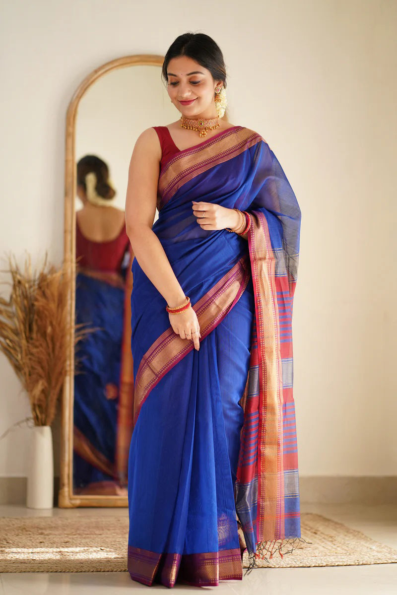Mesmeric Royal Blue Cotton Silk Saree With Appealing Blouse Piece - Shop authentic Indian Women's Fashion by Silk Folks