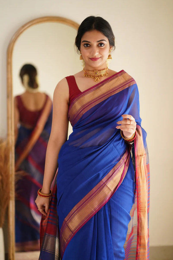 Mesmeric Royal Blue Cotton Silk Saree With Appealing Blouse Piece - Shop authentic Indian Women's Fashion by Silk Folks