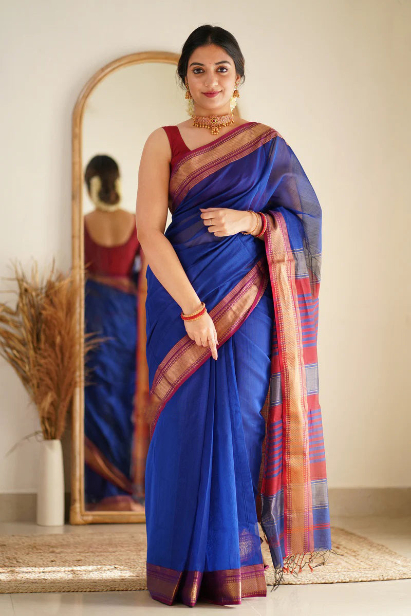 Mesmeric Royal Blue Cotton Silk Saree With Appealing Blouse Piece - Shop authentic Indian Women's Fashion by Silk Folks
