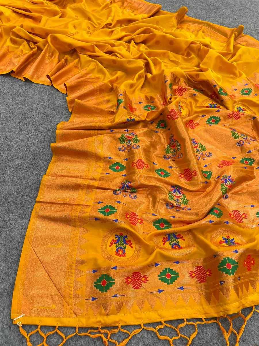 Prettiest Yellow Paithani Silk Saree With Resplendent Blouse Piece - Shop authentic Indian Women's Fashion by Silk Folks