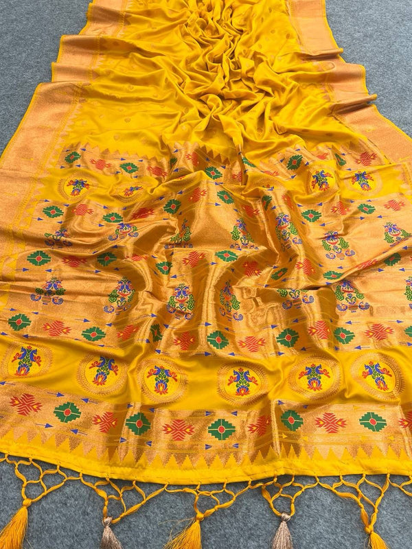 Prettiest Yellow Paithani Silk Saree With Resplendent Blouse Piece - Shop authentic Indian Women's Fashion by Silk Folks
