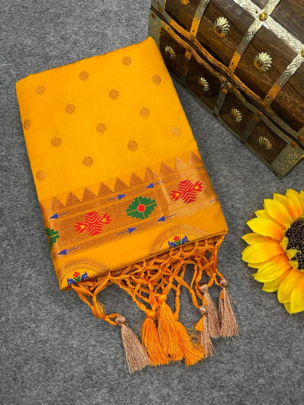 Prettiest Yellow Paithani Silk Saree With Resplendent Blouse Piece - Shop authentic Indian Women's Fashion by Silk Folks
