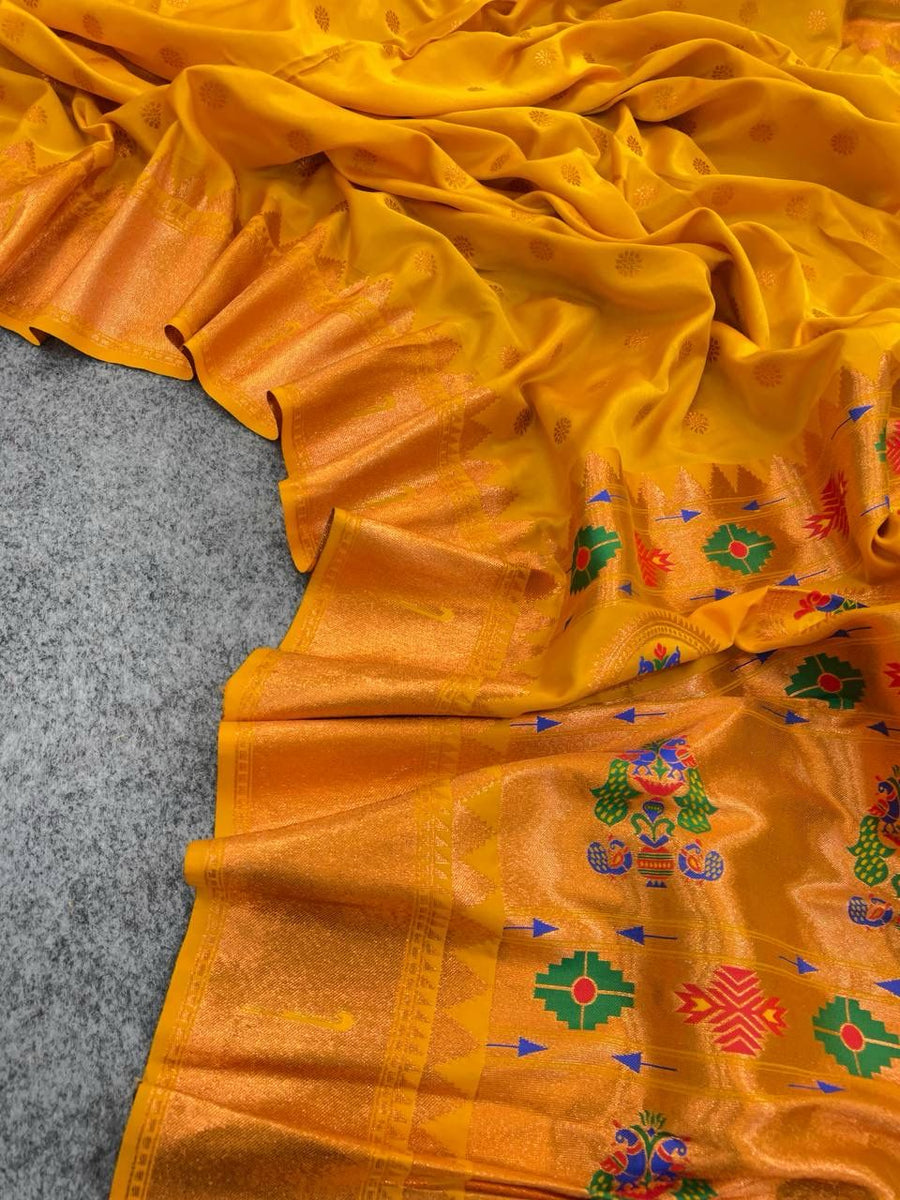 Prettiest Yellow Paithani Silk Saree With Resplendent Blouse Piece - Shop authentic Indian Women's Fashion by Silk Folks
