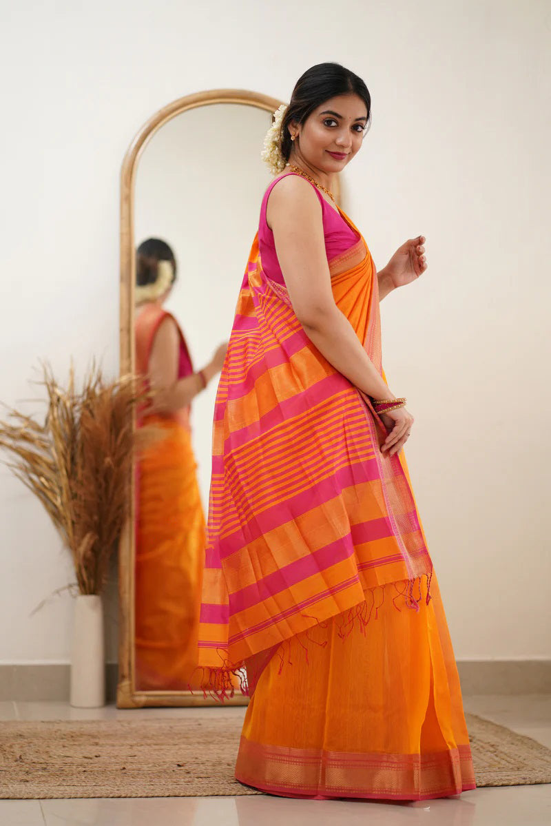 Seraphic Orange Cotton Silk Saree With Glamorous Blouse Piece - Shop authentic Indian Women's Fashion by Silk Folks