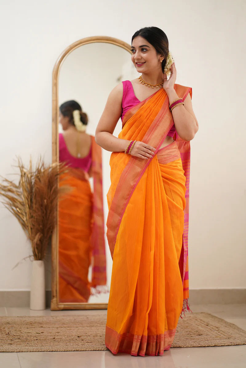 Seraphic Orange Cotton Silk Saree With Glamorous Blouse Piece - Shop authentic Indian Women's Fashion by Silk Folks