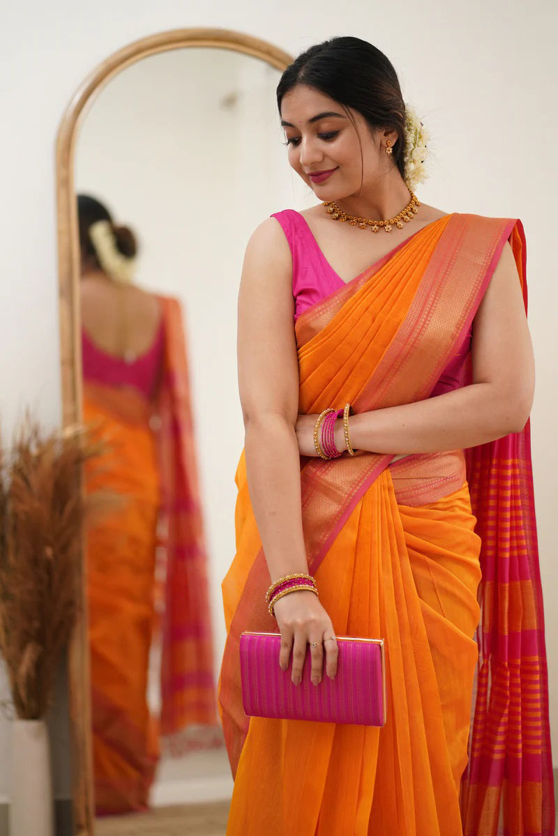 Seraphic Orange Cotton Silk Saree With Glamorous Blouse Piece - Shop authentic Indian Women's Fashion by Silk Folks