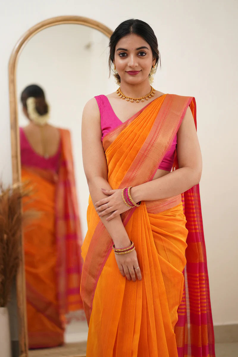 Seraphic Orange Cotton Silk Saree With Glamorous Blouse Piece - Shop authentic Indian Women's Fashion by Silk Folks