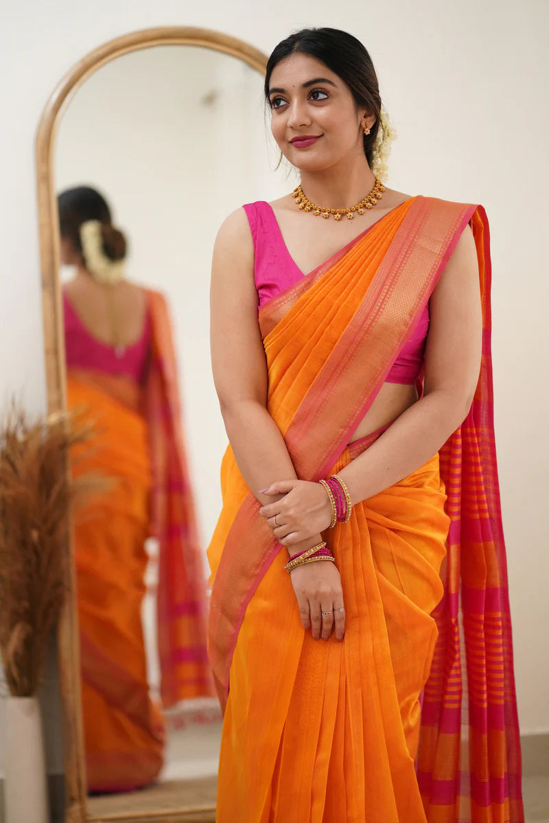 Seraphic Orange Cotton Silk Saree With Glamorous Blouse Piece - Shop authentic Indian Women's Fashion by Silk Folks