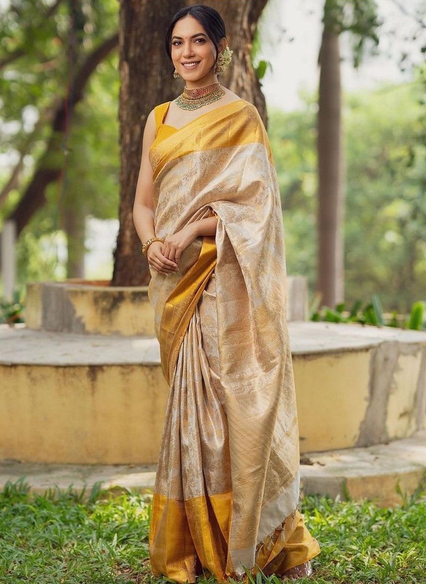 Flattering Beige Soft Silk Saree With Embellished Blouse Piece - Shop authentic Indian Women's Fashion by Silk Folks