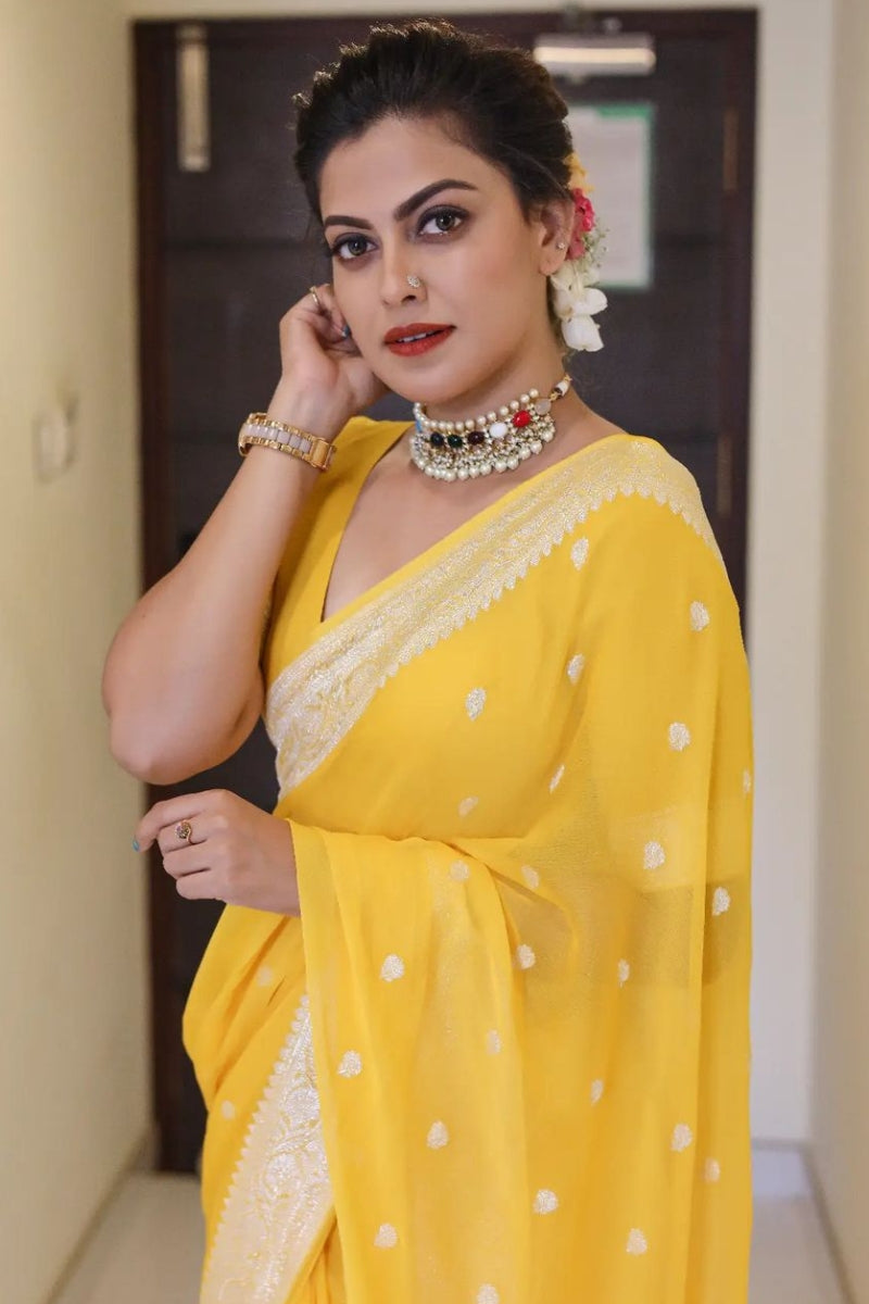 Scrumptious Yellow Soft Silk Saree With Devastating Blouse Piece - Shop authentic Indian Women's Fashion by Silk Folks