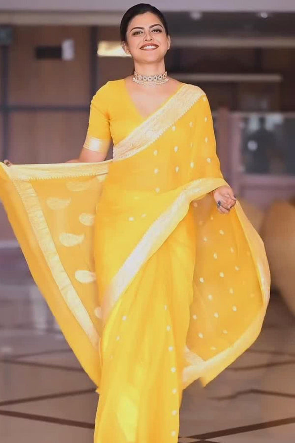 Scrumptious Yellow Soft Silk Saree With Devastating Blouse Piece - Shop authentic Indian Women's Fashion by Silk Folks