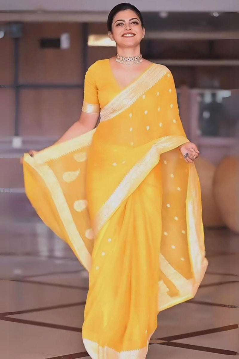 Scrumptious Yellow Soft Silk Saree With Devastating Blouse Piece - Shop authentic Indian Women's Fashion by Silk Folks