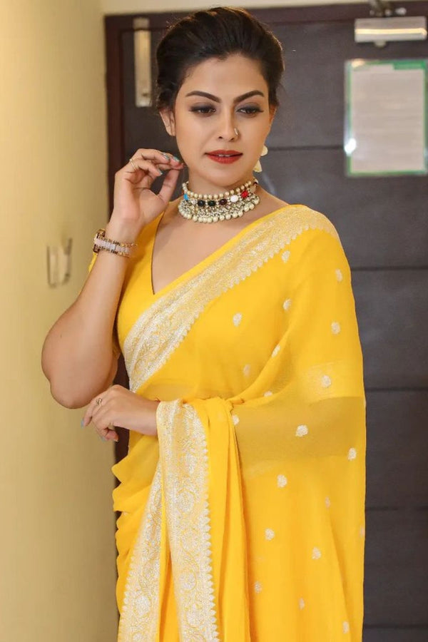 Scrumptious Yellow Soft Silk Saree With Devastating Blouse Piece - Shop authentic Indian Women's Fashion by Silk Folks
