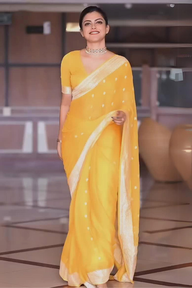 Scrumptious Yellow Soft Silk Saree With Devastating Blouse Piece - Shop authentic Indian Women's Fashion by Silk Folks