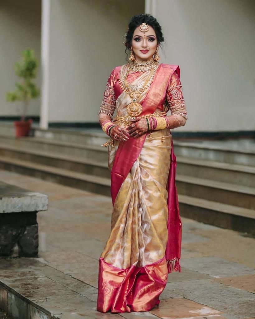 Eye-catching Beige Soft Silk Saree With Opulent Blouse Piece - Shop authentic Indian Women's Fashion by Silk Folks