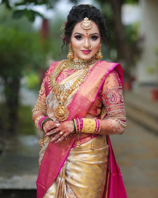 Eye-catching Beige Soft Silk Saree With Opulent Blouse Piece - Shop authentic Indian Women's Fashion by Silk Folks