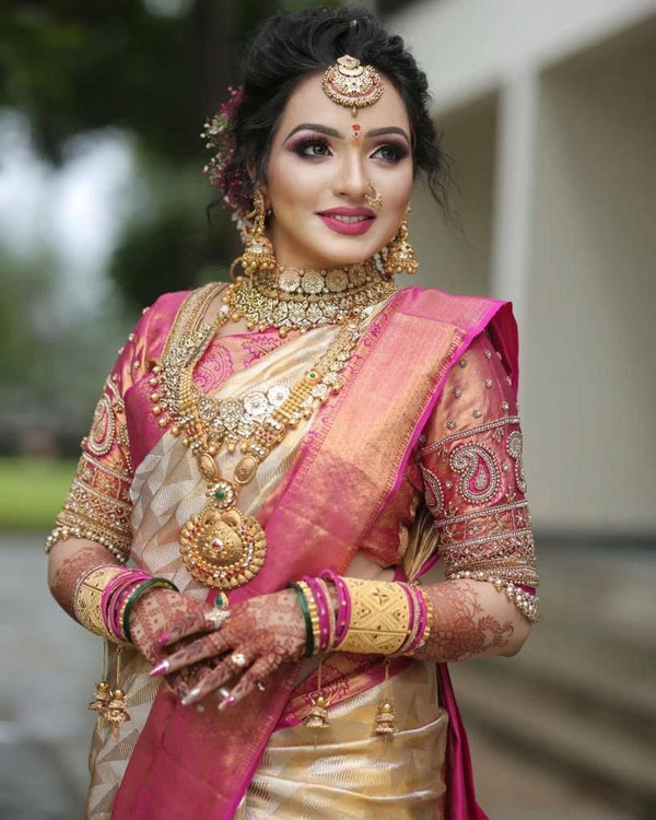Eye-catching Beige Soft Silk Saree With Opulent Blouse Piece - Shop authentic Indian Women's Fashion by Silk Folks