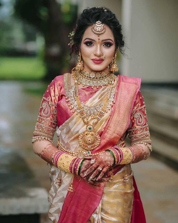 Eye-catching Beige Soft Silk Saree With Opulent Blouse Piece - Shop authentic Indian Women's Fashion by Silk Folks
