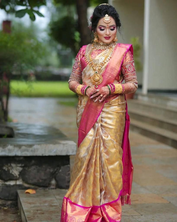 Eye-catching Beige Soft Silk Saree With Opulent Blouse Piece - Shop authentic Indian Women's Fashion by Silk Folks