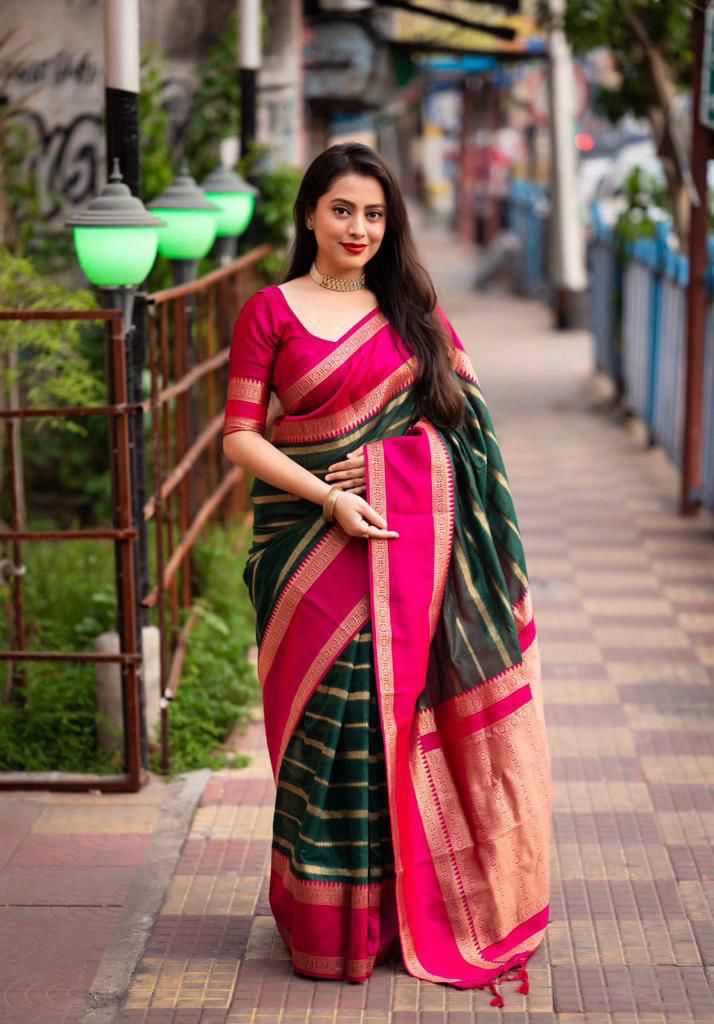 Sensational Dark Green Soft Silk Saree With Beguiling Blouse Piece - Shop authentic Indian Women's Fashion by Silk Folks