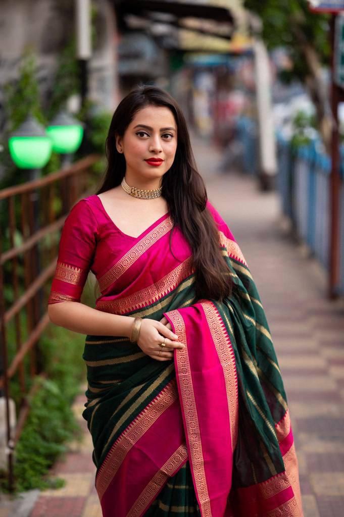 Sensational Dark Green Soft Silk Saree With Beguiling Blouse Piece - Shop authentic Indian Women's Fashion by Silk Folks