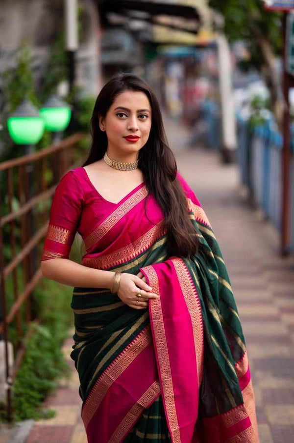 Sensational Dark Green Soft Silk Saree With Beguiling Blouse Piece - Shop authentic Indian Women's Fashion by Silk Folks