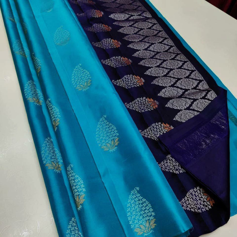 Amazing Firozi Soft Silk Saree With Enamoring Blouse Piece - Shop authentic Indian Women's Fashion by Silk Folks