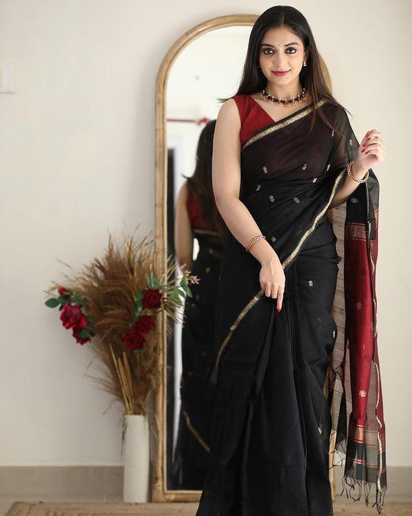 Smoky Black Maheshawari Cotton Silk Saree - Shop authentic Indian Women's Fashion by Silk Folks