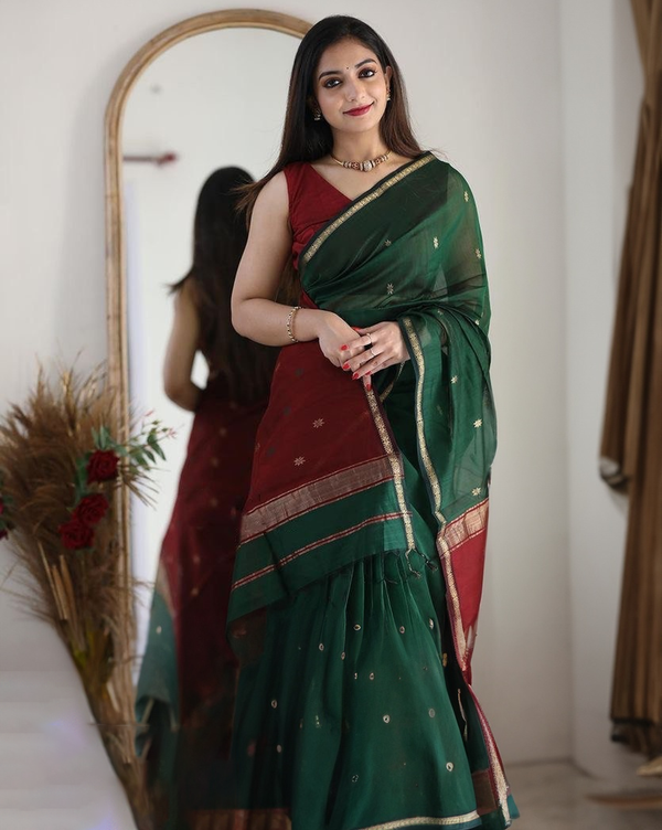 Timber Green Maheshawari Cotton Silk Saree - Shop authentic Indian Women's Fashion by Silk Folks