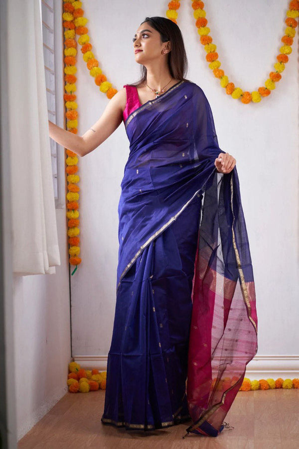 Nile Blue Maheshawari Cotton Silk Saree - Shop authentic Indian Women's Fashion by Silk Folks
