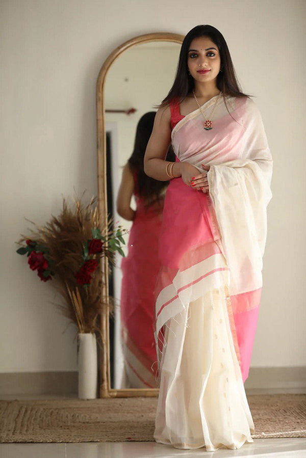 Floral White Maheshawari Cotton Silk Saree - Shop authentic Indian Women's Fashion by Silk Folks